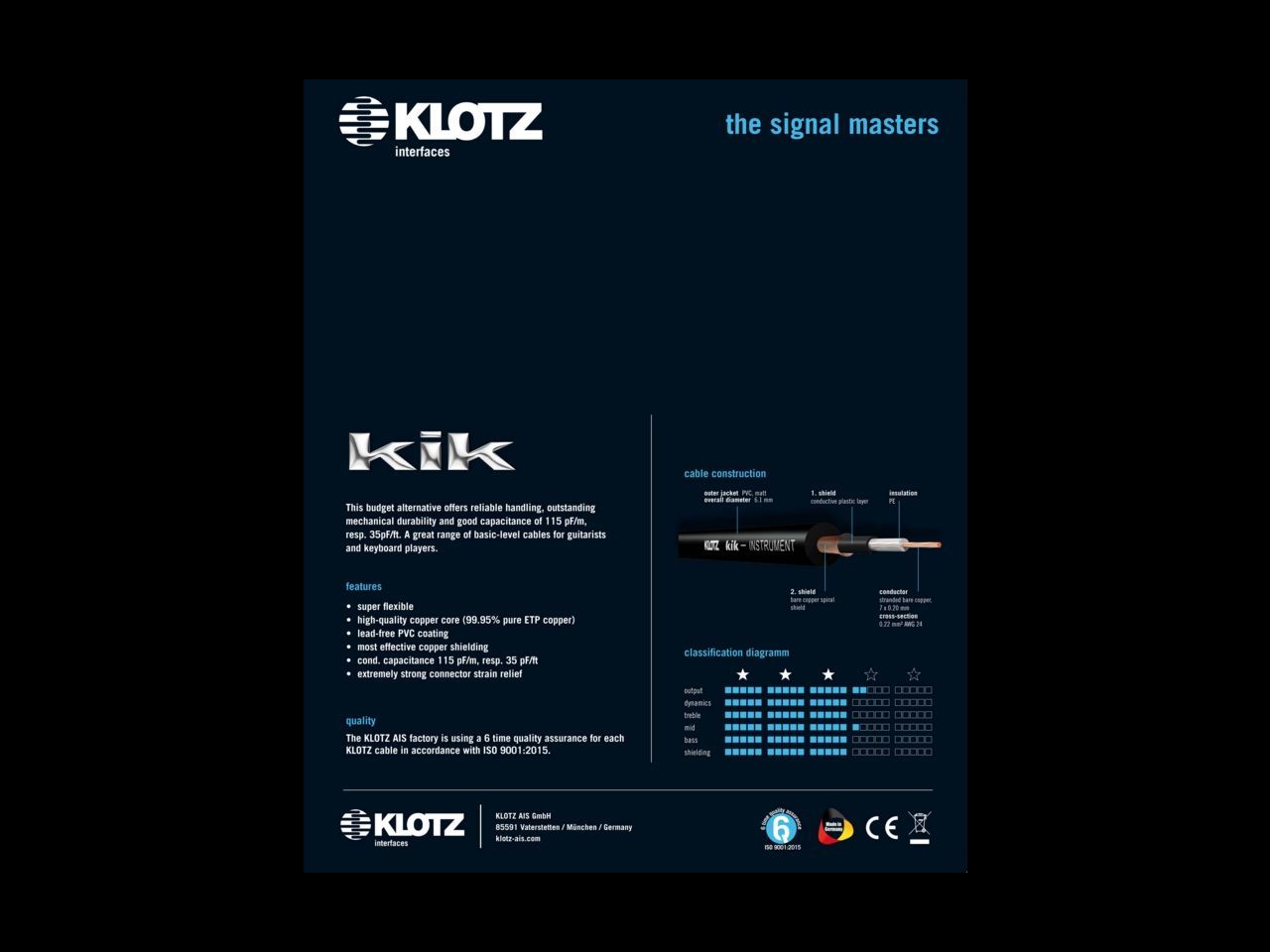 Klotz Gitarrenkabel Basic Standard 3m, 6,3mm Klinke/Klinke KIK3.0PPSW_00027693_